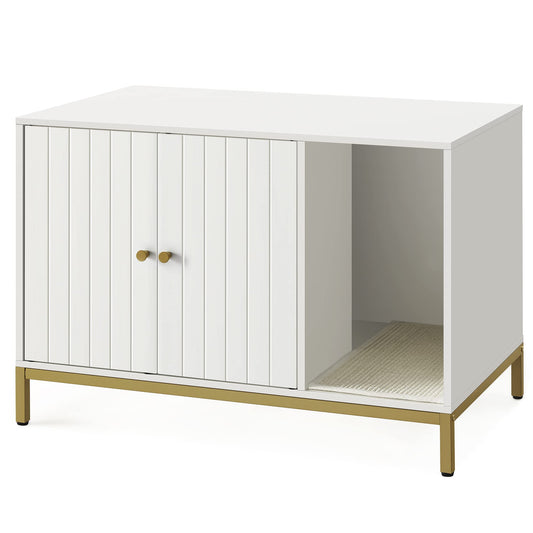 Feandrea Mueble Arenero, Mueble de Caja Arenero para Gatos,con Alfombrilla Rascadora, Patas Altas, 80 x 50 x 55 cm, Blanco y Dorado MPCL007W01