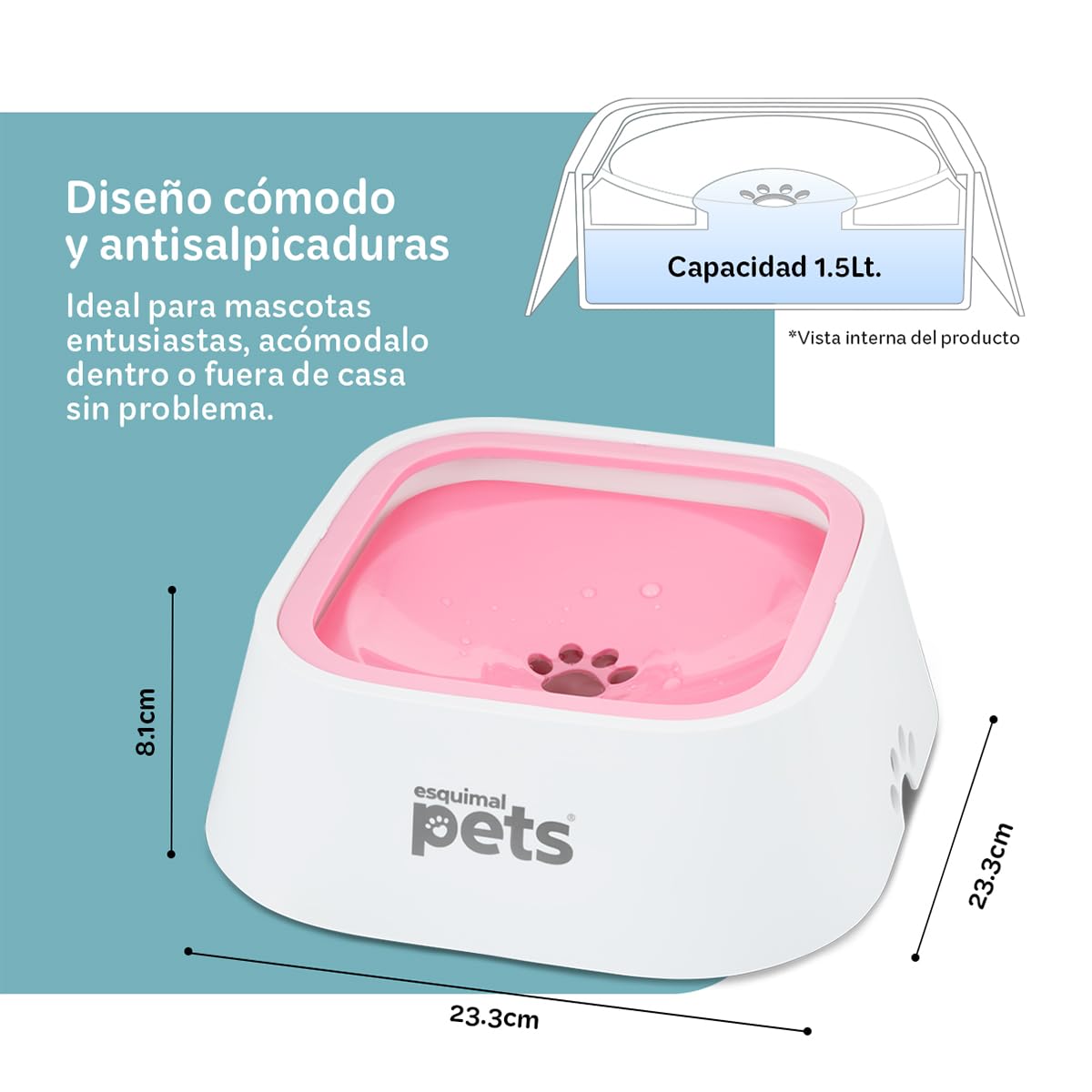 Plato Antisalpicaduras ESQUIMAL Rosa Blanco 1.5 LTS Dispensador de Agua para Perro