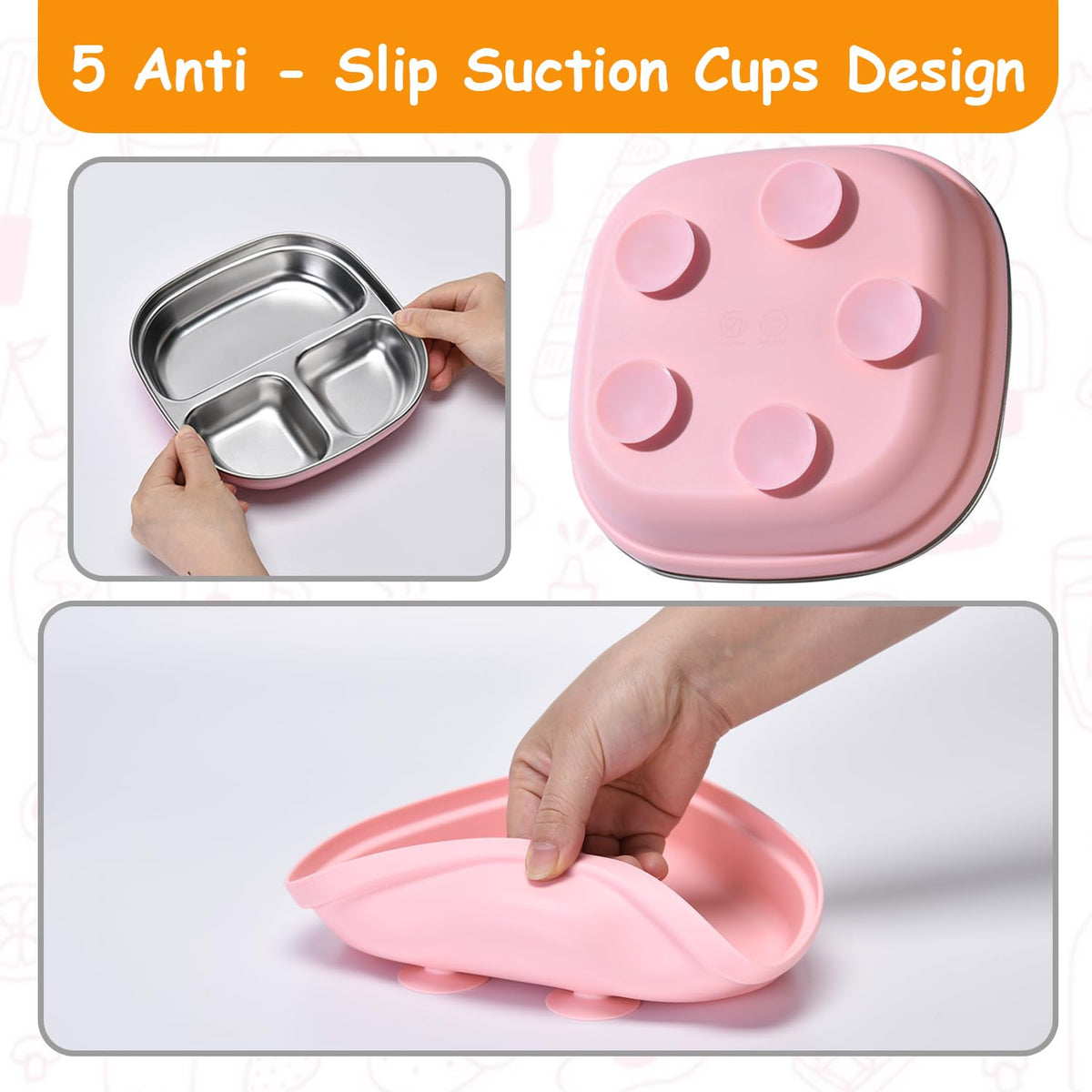 Paquete de 2 platos de acero inoxidable para niños con succión, borde alto de 7.75 pulgadas, a prueba de derrames, 2 cucharas y mangas extraíbles, aptos para microondas y lavaplatos, sin BPA