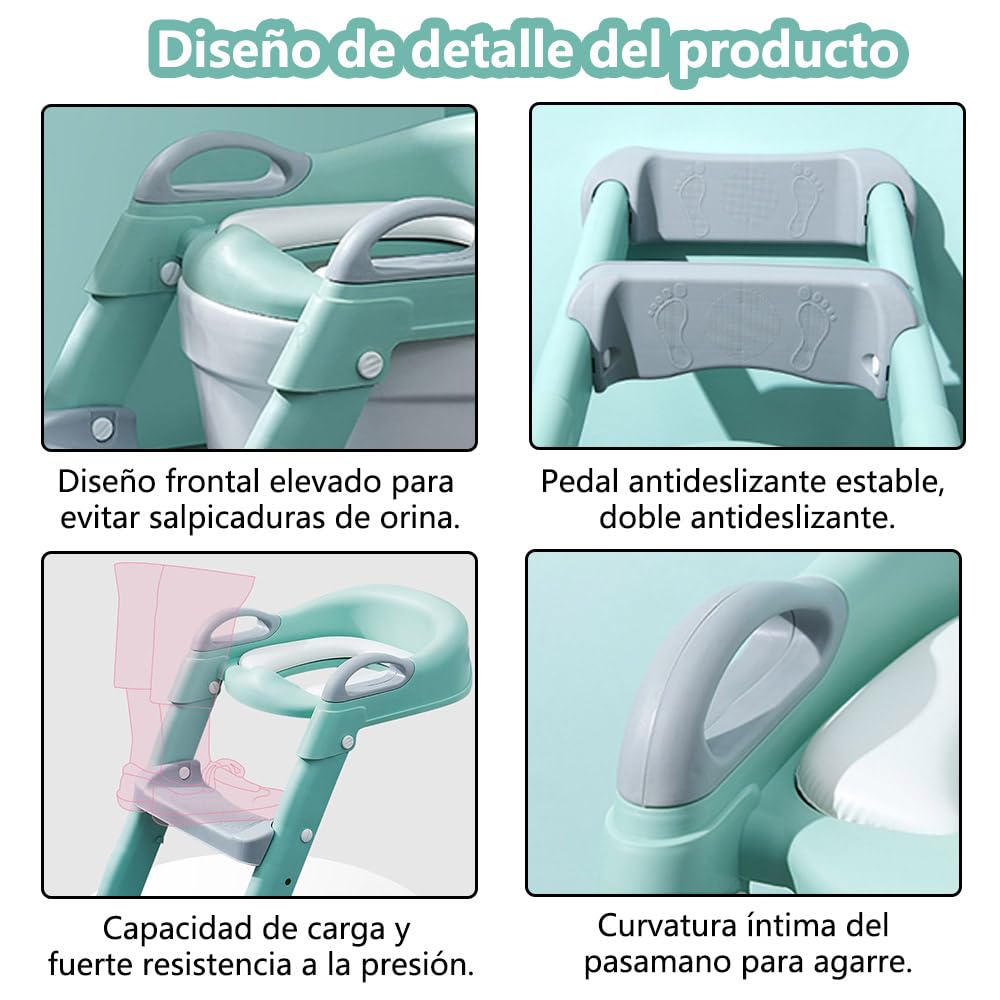 Asiento Entrenador para Baño Infantil Tapizado con Escalera Antideslizante Verde