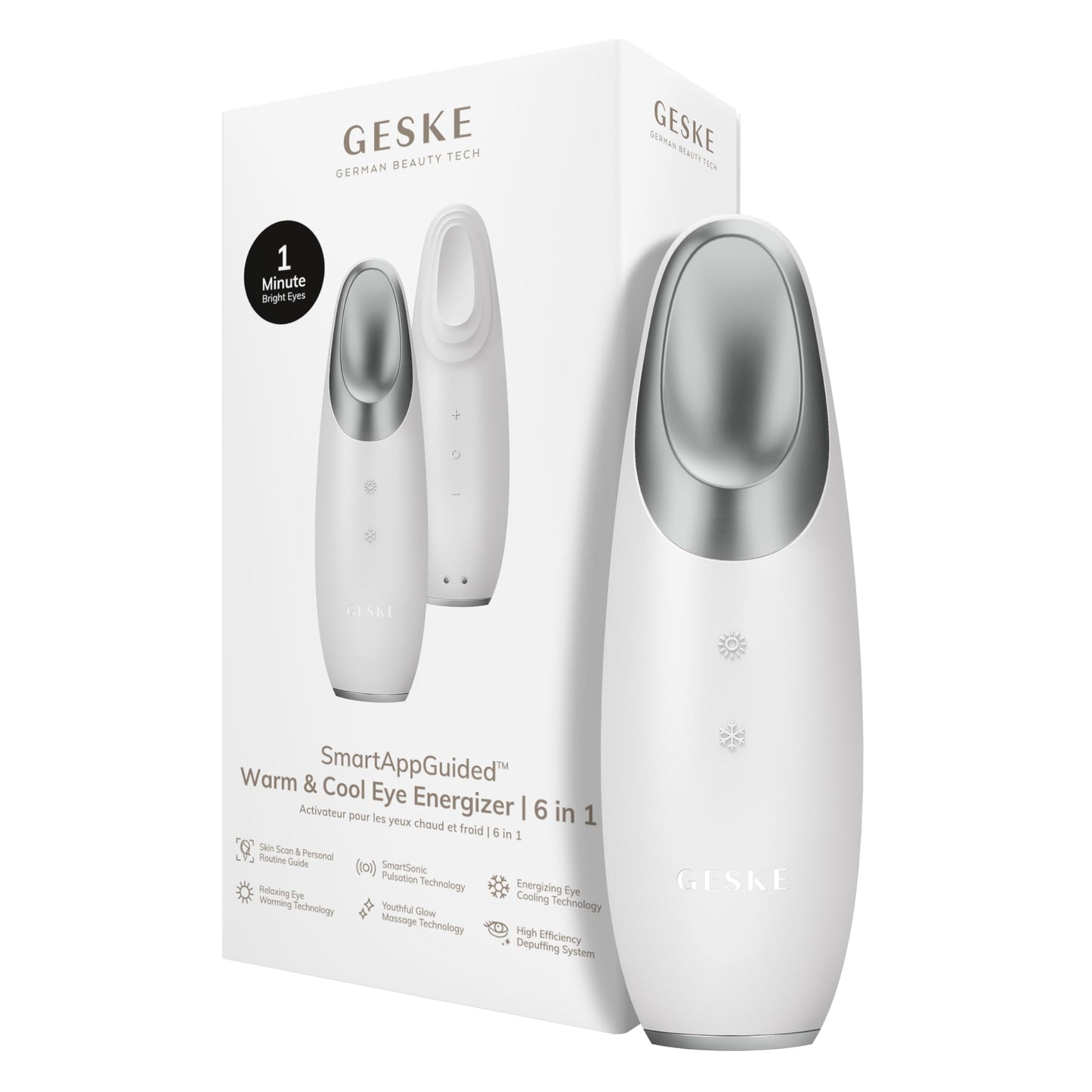 GESKE | SmartAppGuided™ Warm & Cool Eye Energizer | 6 en 1 | Masajeador de ojos | Masajeador anti ojeras | Eliminar bolsas y párpados caídos | Masaje ocular eléctrico