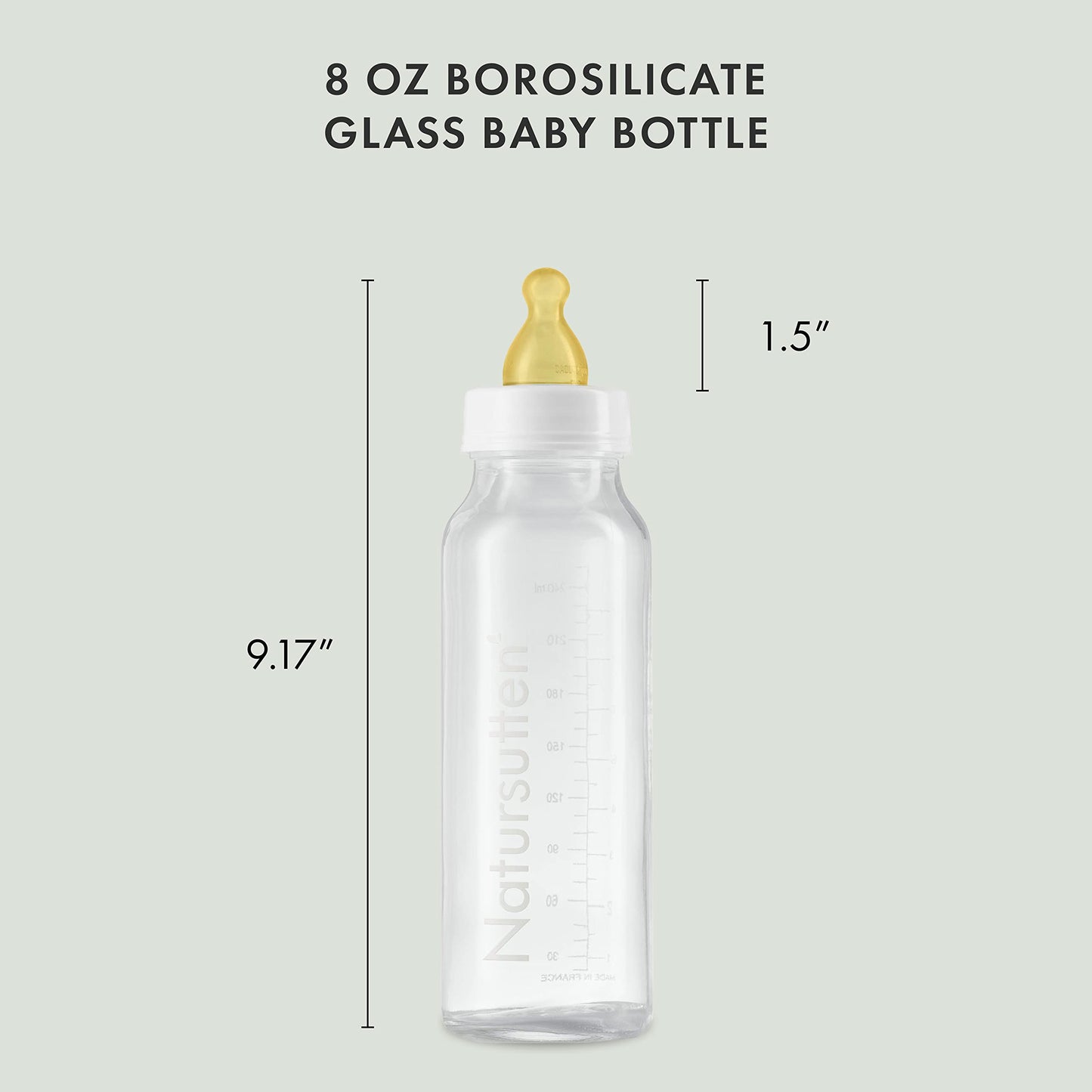 Natursutten - Biberones de cristal anticólicos de 8 onzas con pezones de goma natural y látex de flujo lento, 2 unidades. Cristal de borosilicato fabricado en Francia. Caucho natural fabricado en Italia.