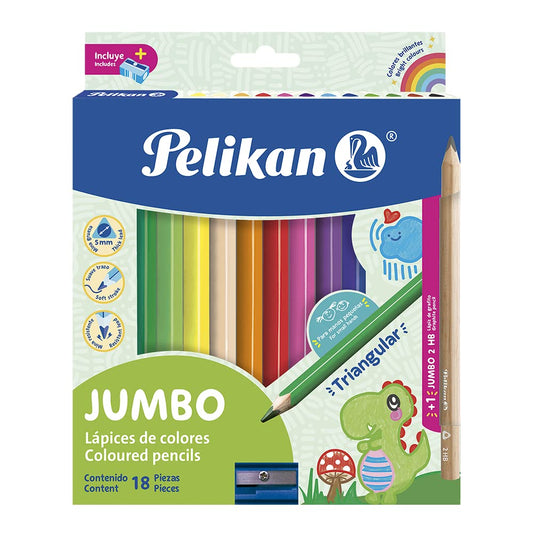 Pelikan Lápices de Colores Triangulares Jumbo con 18 piezas, Colores Surtidos, Mina de 5mm y Caja de Cartón