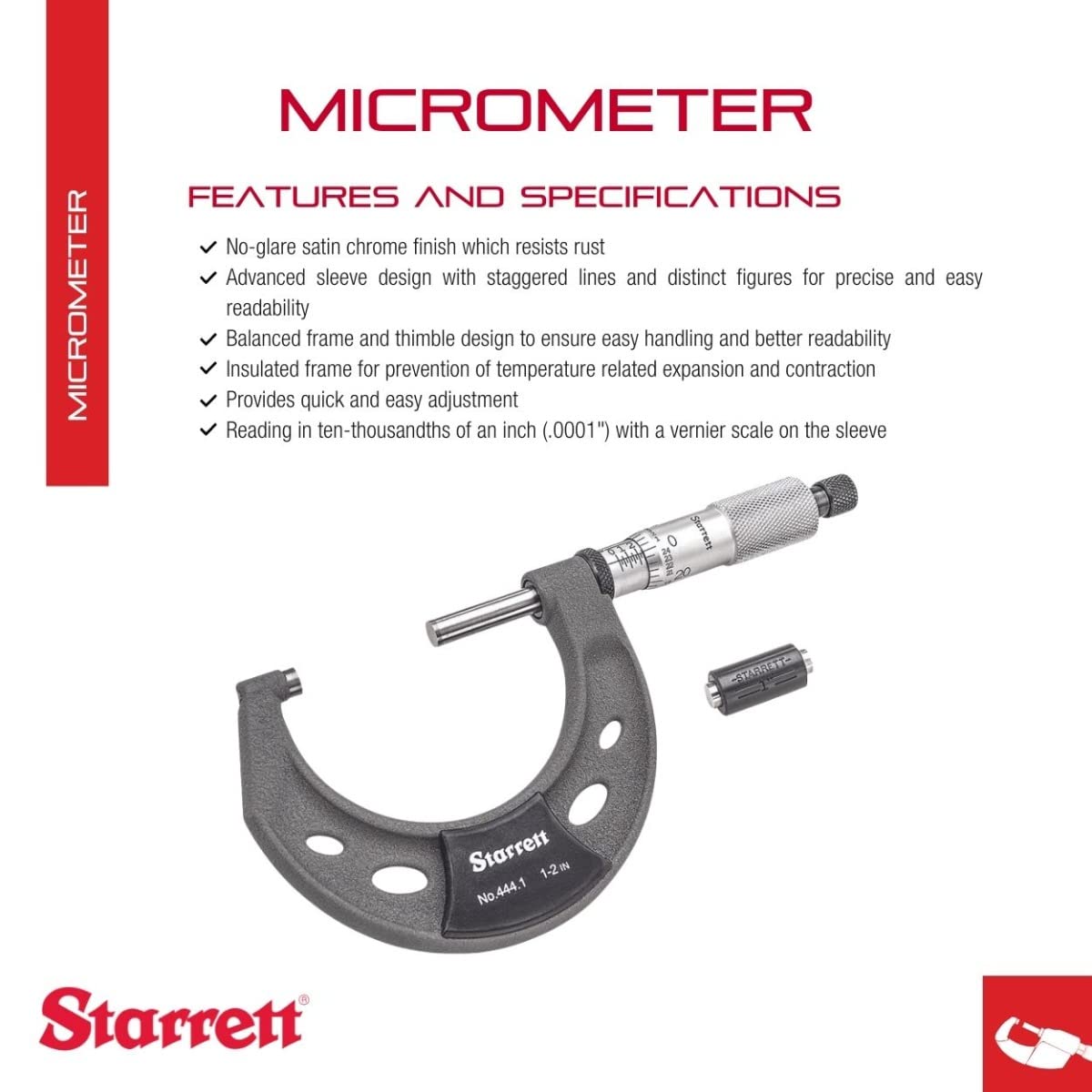 Micrómetro Starrett Rojo Exteriores 1"-2" Graduación 0.0001"