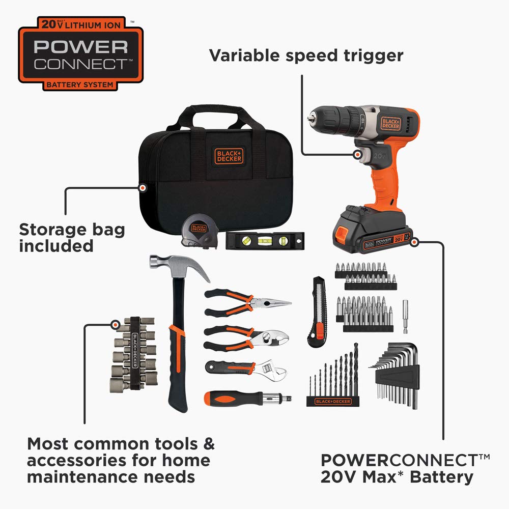 beyond by BLACK+DECKER - BDPK70284C1AEV Juego de herramientas para el hogar con taladro/desarmador de 20 V máx., 83 piezas