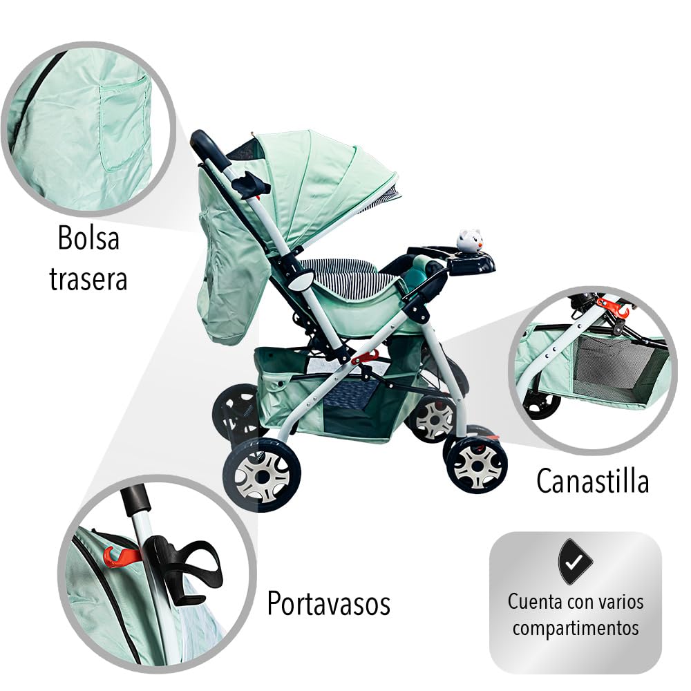 Carriola De Bebé Plegable Rosa (Azul) Carriola De Bebé Plegable Mango Reversible Respaldo Ajustable Ruedas Delanteras Giratorias Arnes De Seguridad De 5 Puntos Bandeja De Comida Y Musica 2 En 1