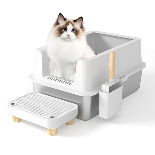 Arenero para Gato Acero Inoxidable, Caja de Arena con Tapa Arenero Grande para Gato Para gatos grandes, Caja de arena autolimpiable con pala y filtro antifugas, Prueba de olores y fácil de limpiar