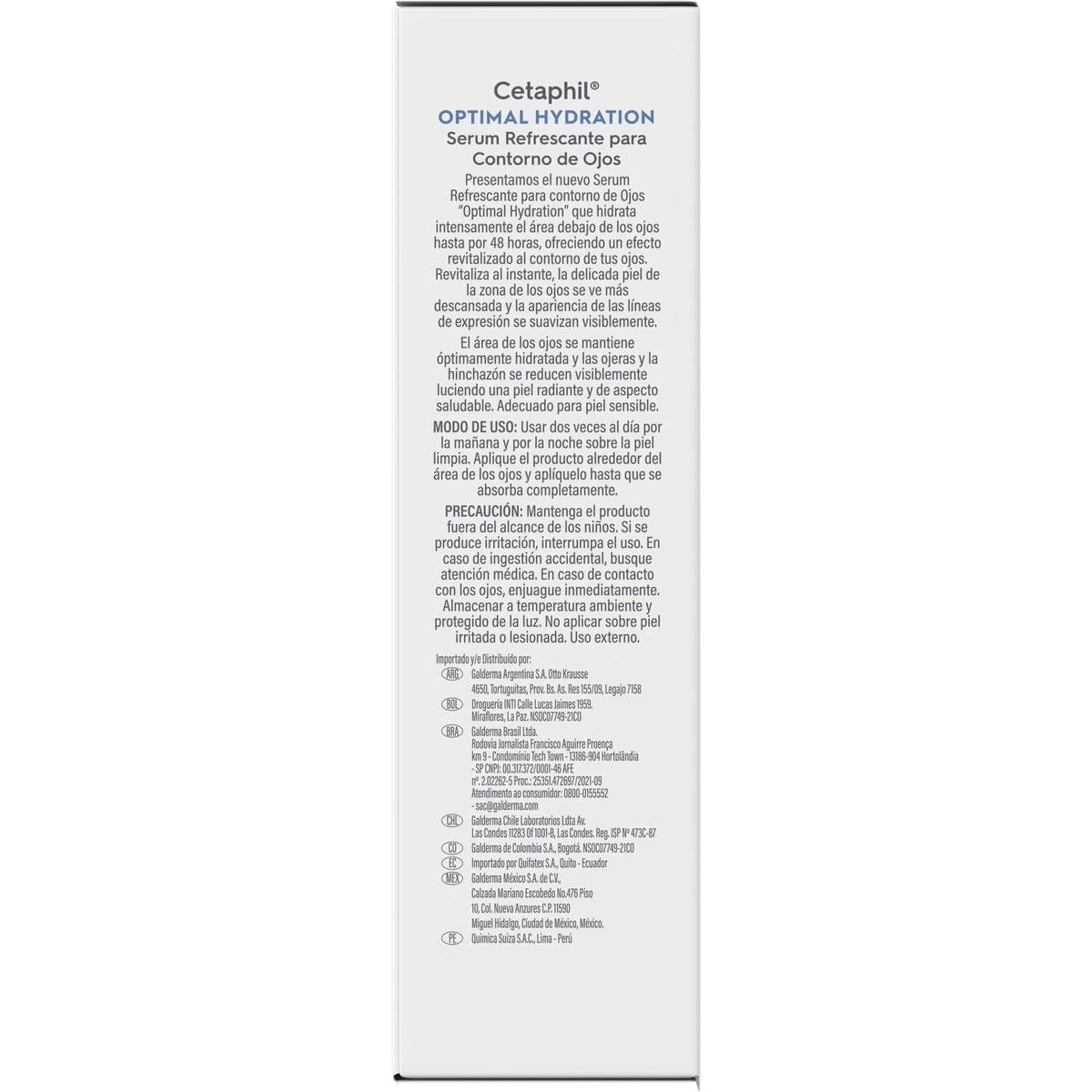 Cetaphil Optimal Hydration Serum Contorno de Ojos, Su Ácido Hialurónico Reduce la Apariencia de Ojeras Recomendada por Dermatólogos para Piel Sensible - 1 pieza de 15 ml, Blanco