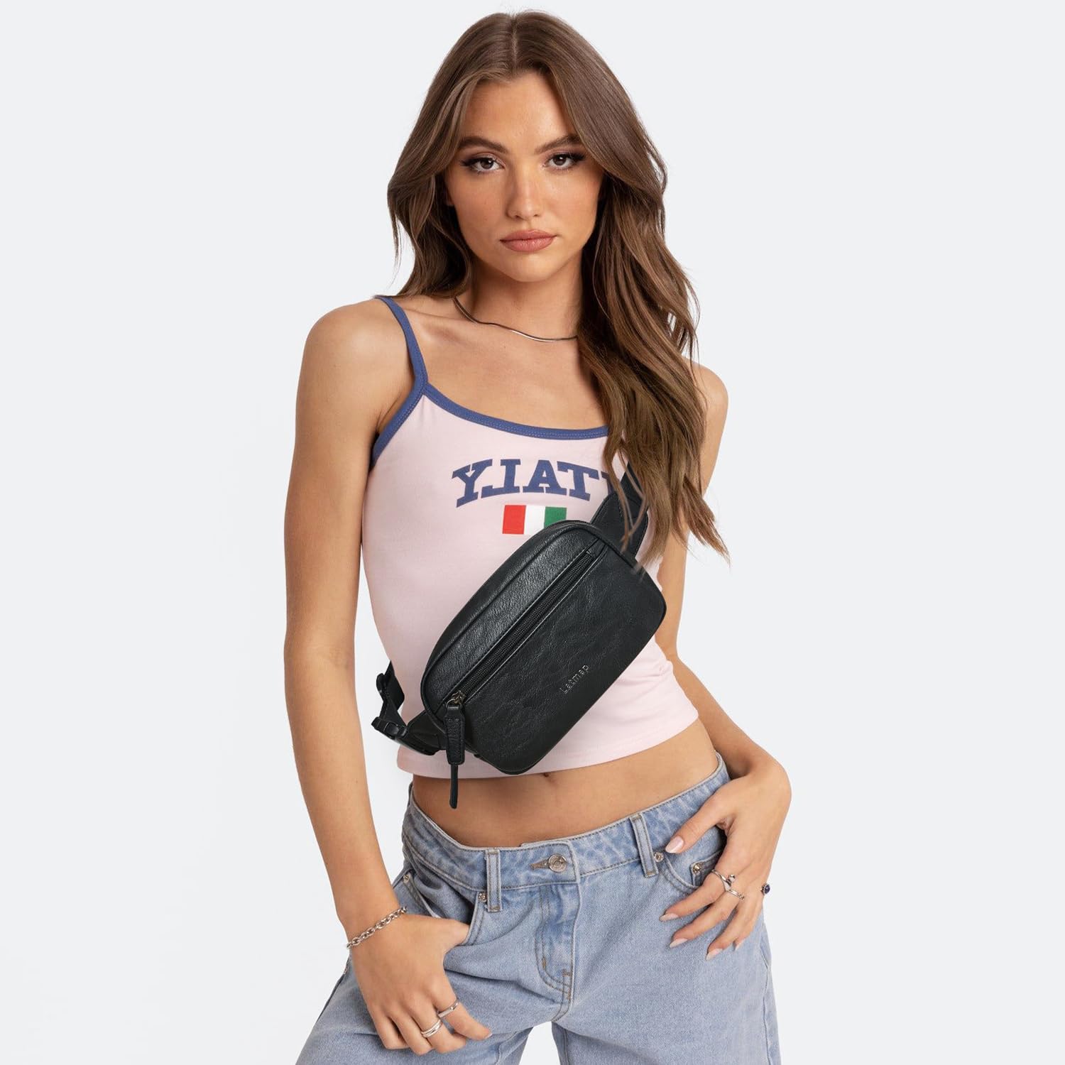LATMAP - Riñonera de 2 L para todas partes, pequeña y a la moda, bandolera de piel sintética, impermeable, para mujer, a la moda, Negro -, Pequeño, Moda casual