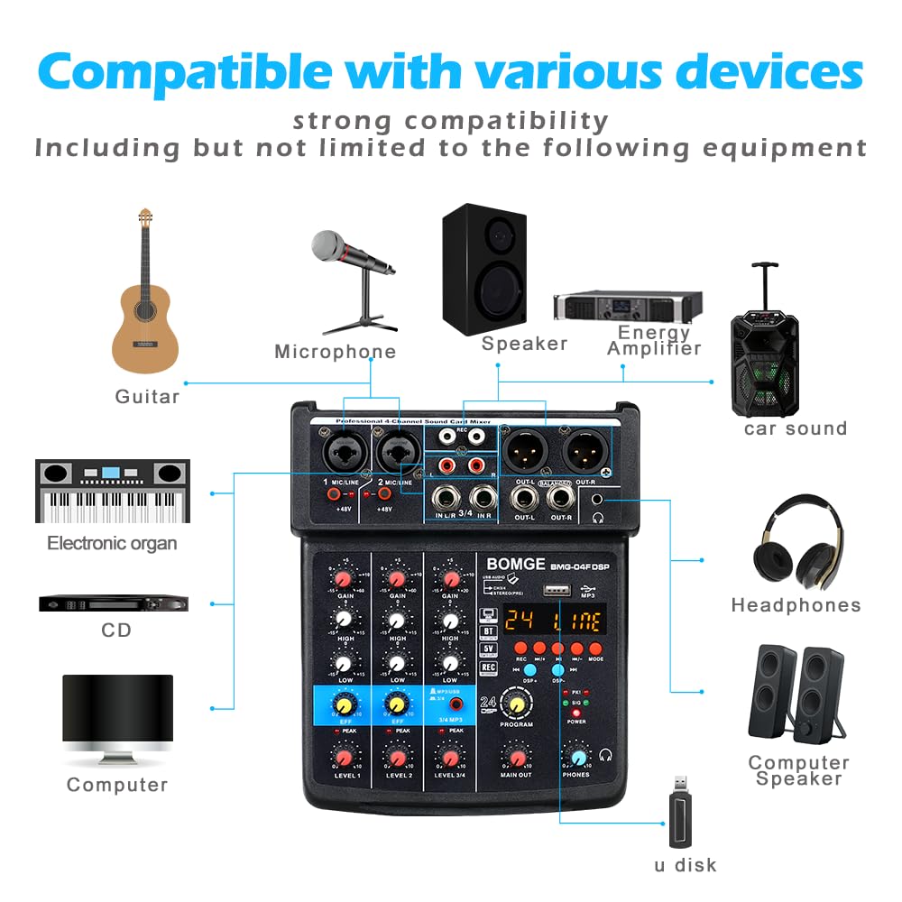 BOMGE - Mini mezclador de sonido para DJ de 4 canales con MP3, USB, Bluetooth, grabación estéreo, alimentación fantasma de 48 V, 24 DSP para karaoke, actuación, canto de iglesia, transmisión de podcas