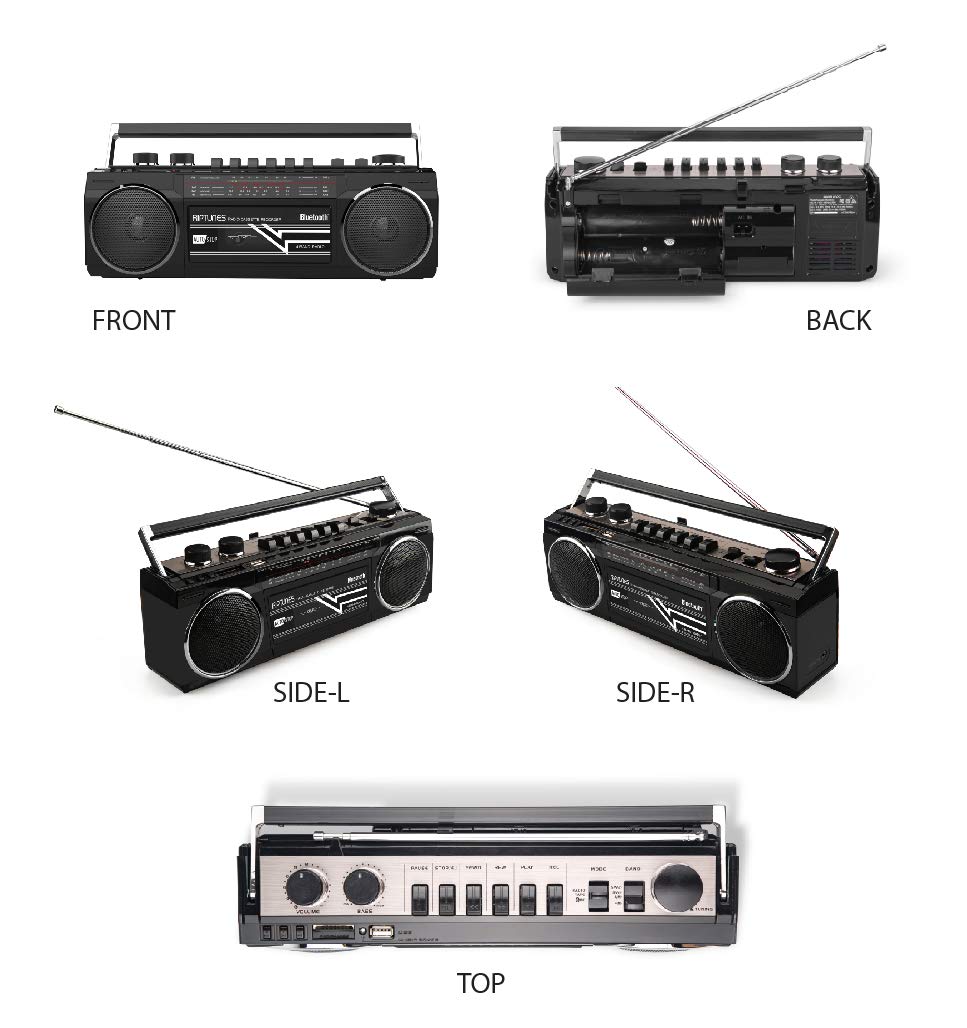 Boombox Bluetooth Retro Riptunes Negro Reproductor de Casete y Radio AM/FM/SW-1-SW2