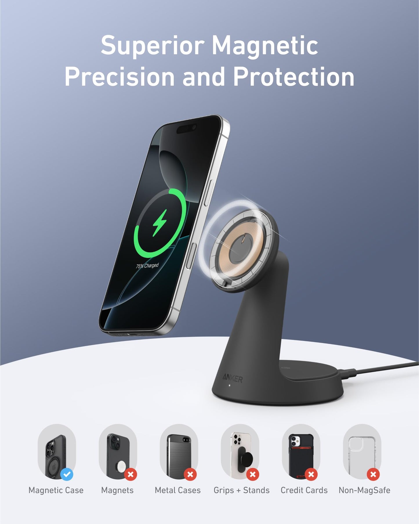 Anker Estación de Carga Inalámbrica 15W, Soporte 2 en 1, Carga Rápida Qi2, Sistema de Carga Dual, Conexión Magnética Segura, Ángulos Ajustables, Diseño Elegante para iPhone 15 Pro y Auriculares TWS
