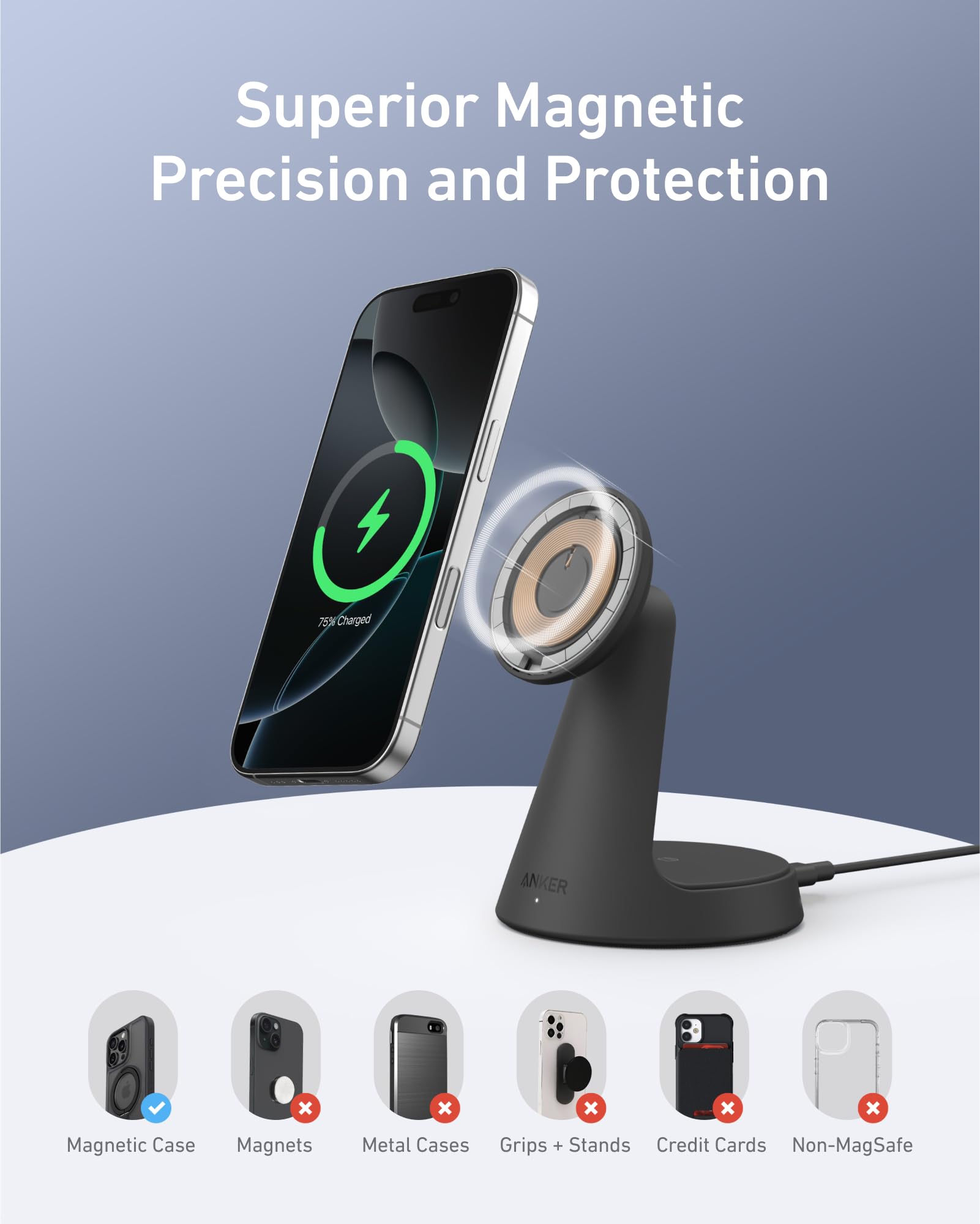 Anker Estación de Carga Inalámbrica 15W, Soporte 2 en 1, Carga Rápida Qi2, Sistema de Carga Dual, Conexión Magnética Segura, Ángulos Ajustables, Diseño Elegante para iPhone 15 Pro y Auriculares TWS