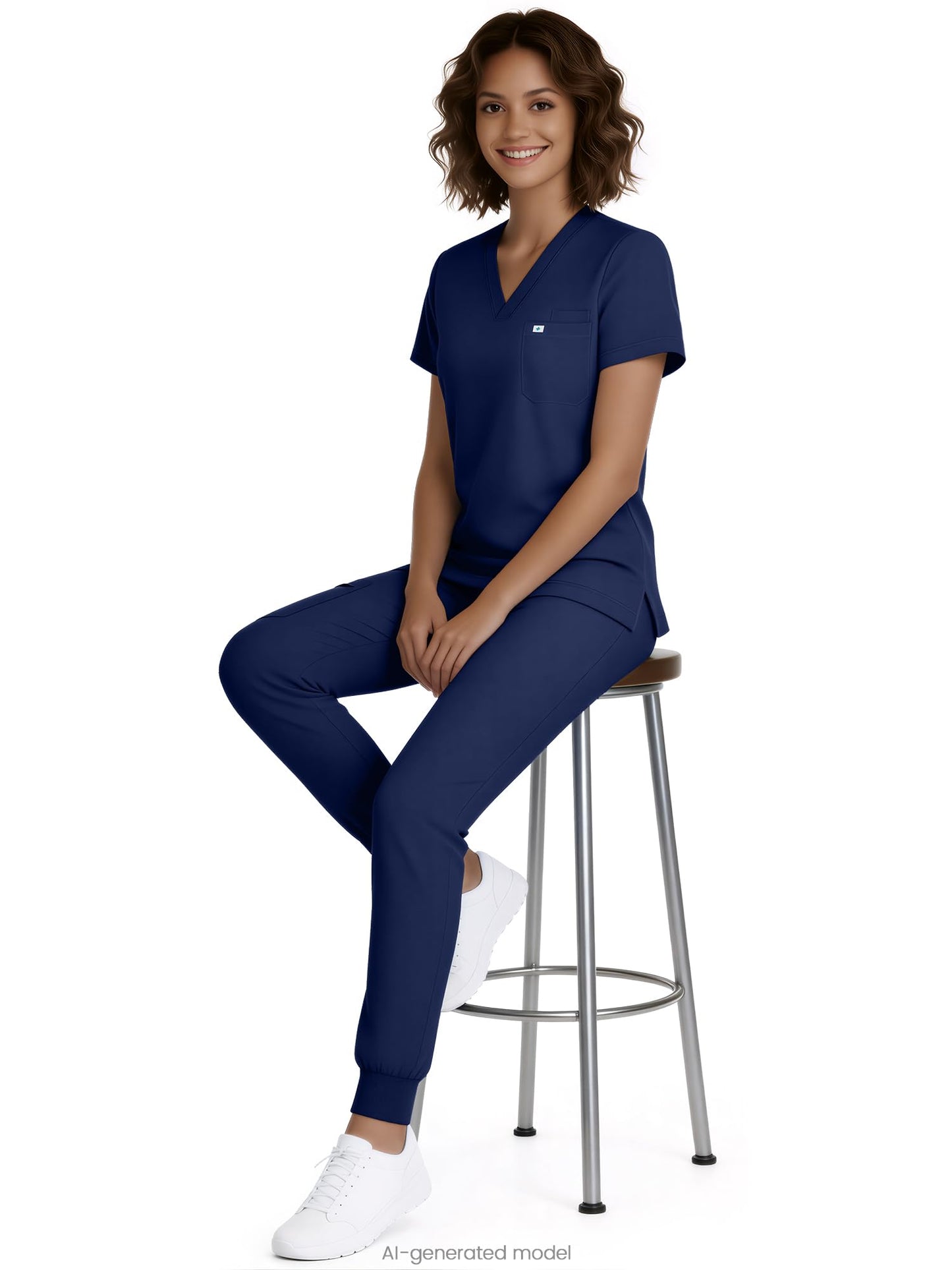 Eadflie Conjunto de uniforme médico para mujer: top con cuello en V y pantalón tipo jogger con 5 bolsillos, tejido elástico suave, aberturas laterales (azul marino/M).