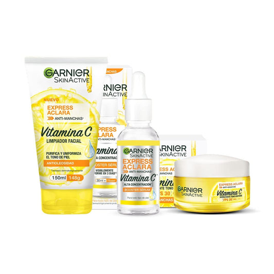 Garnier Skin Active Kit express aclara: serum, crema y gel con vitamina c + Express Aclara Serum Anti Manchas con Vitamina C - 1 x 30 ml + ls Face Express aclara crema hidratante