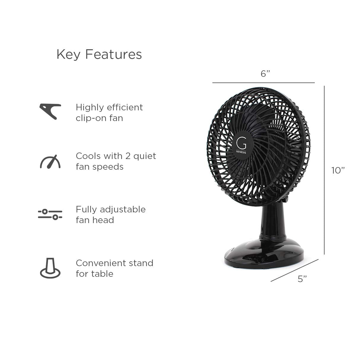 Avalon Ventilador de mesa con cabeza totalmente ajustable, Motor Silencioso con 2 velocidades, 15,2 cm, color negro