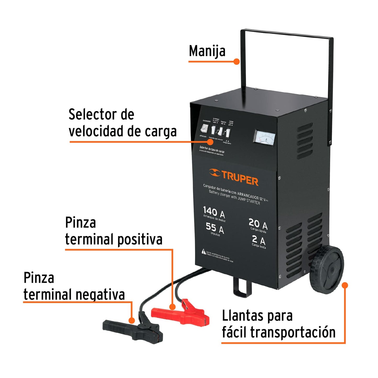 Truper CARBA-140, Cargador de baterías con ruedas 12 V, 140 A