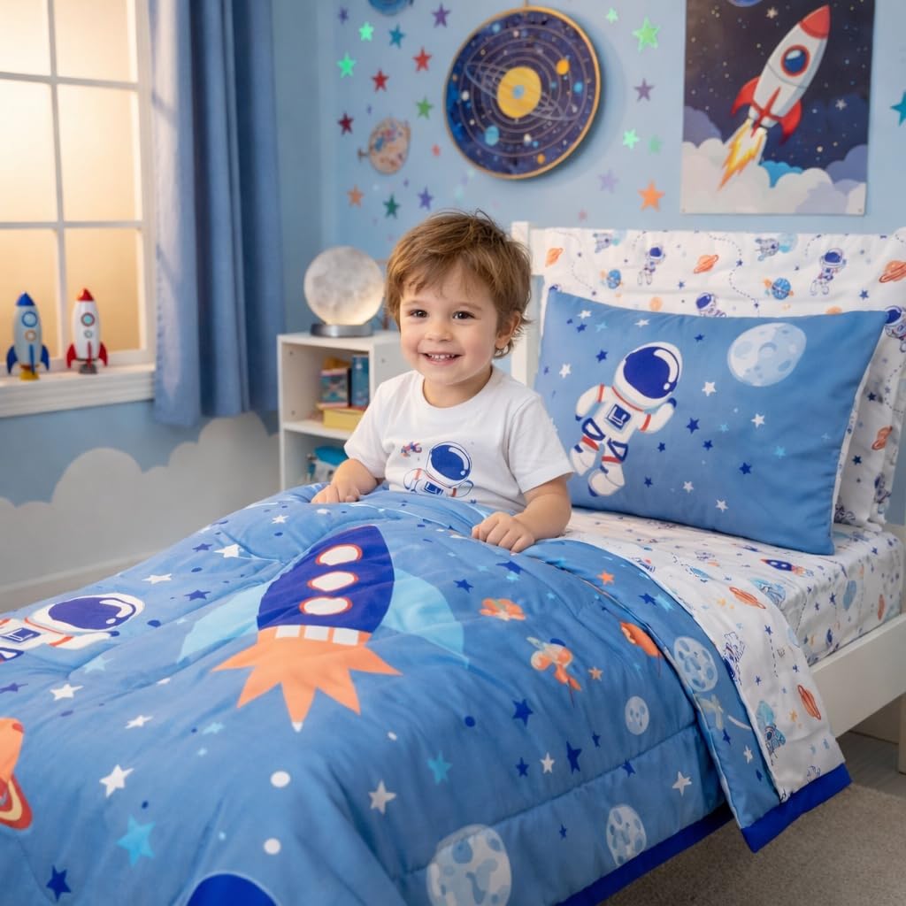 EVERYDAY KIDS - Juego de ropa de cama de 4 piezas para niños pequeños, incluye edredón, sábana encimera, sábana bajera y funda de almohada reversible