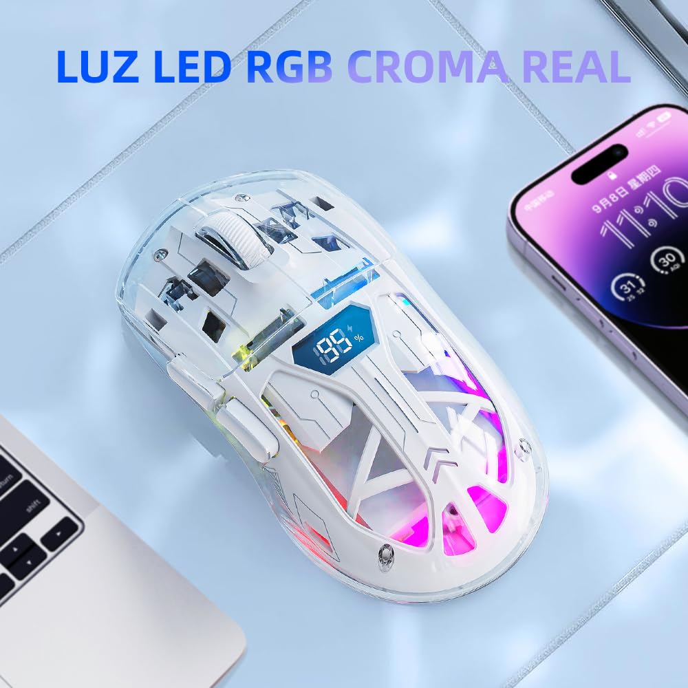 Free Wolf Mouse Inalámbrico A2, Bluetooth y 2.4GHZ Dual Modos, Ratón Recargable con Pantalla de Batería, 4000DPI Ajustable Transparente RGB Mouse Gamer
