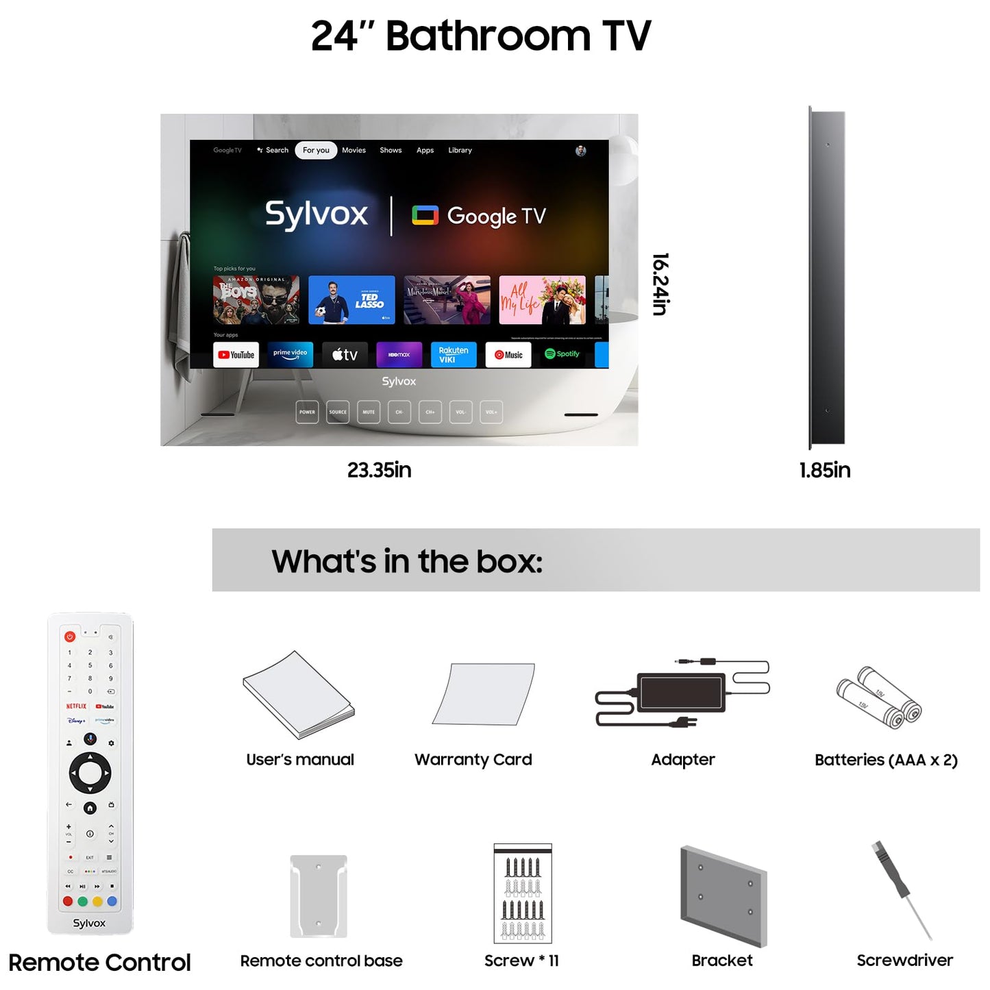 Televisor SYLVOX Espejo Impermeable Negro 24 Pulgadas con Google OS y Control por Voz para Baño