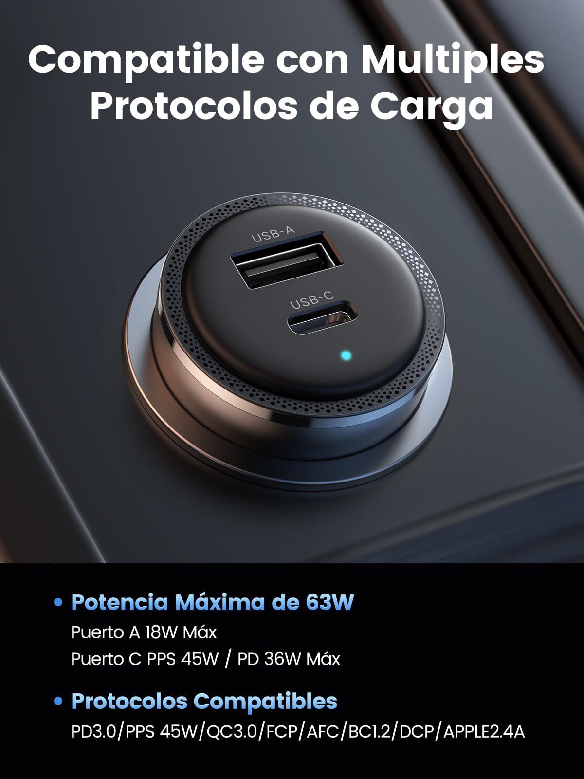 UGREEN 63W Fast Charger Cargador para Auto, Carga Rápida Tipo C Adaptador de Coche PD 45W, Quick Charge QC 18W Comaptible con Galaxy S25 S24 S23 Ultra, iPhone 16 15 14 13, iPad Pro, Redmi, Xiaomi