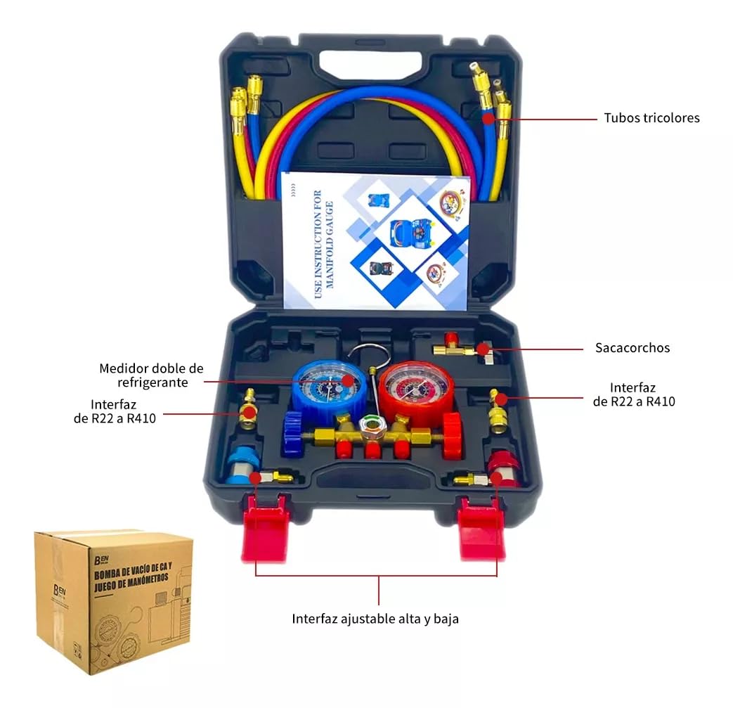 FIXITFAST 5cfm 1/3hp Bomba De Vacío + Manómetro R134a/r22/r410a/r404a juego de manómetros de colector de 4 vías para refrigerantes para refrigeración HVAC A/C recarga y mantenimiento, sin aceite