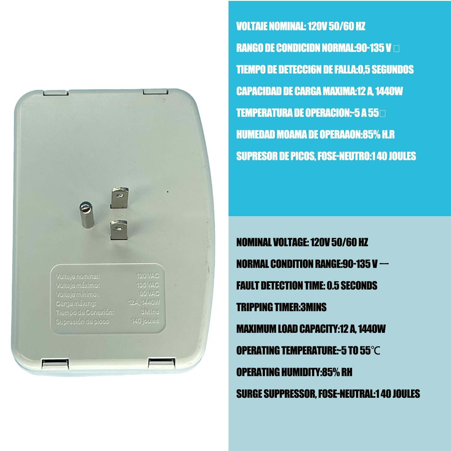 Lelukee Protector de Voltaje Protector de Sobretensión Electrónico Enchufe Protector de Sobretensión de 3 Tomas para PC/TV/Refrigerador 12A MAX 90-135V (1 Paquete)