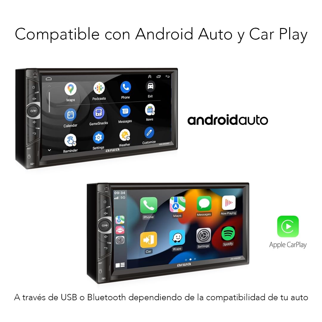 Aiwa Autoestéreo AW-A502BT 2DIN Pantalla QLED 7” HD Android 11 Bluetooth WiFi GPS USB AUX 4×50W Compatible con CarPlay Android Auto Navegación Inteligente