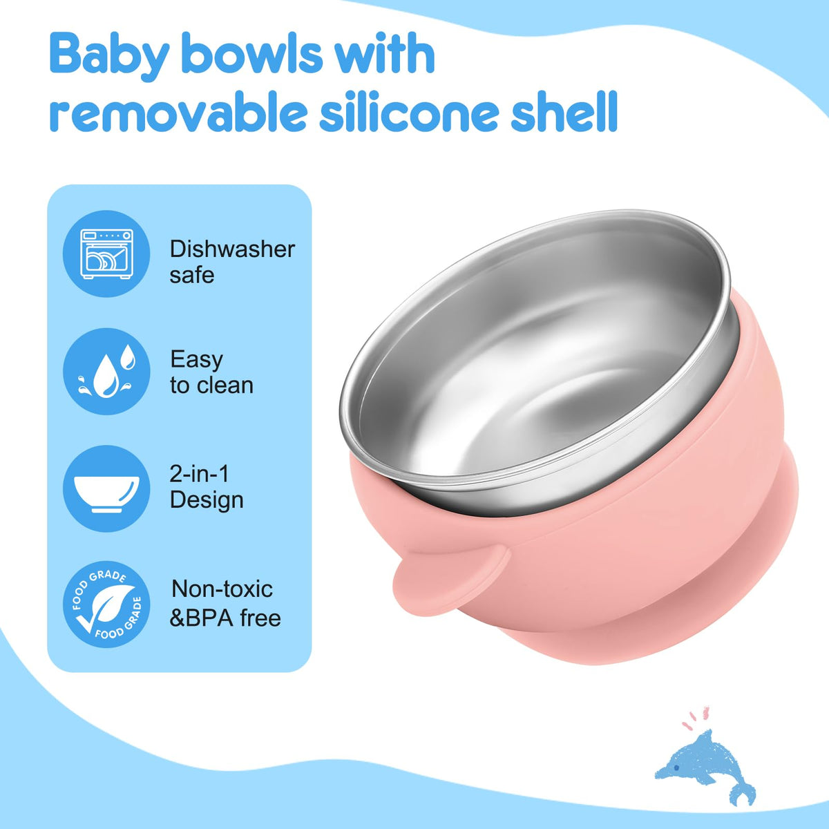 Wesketch Paquete De 2 Tazones De Acero Inoxidable Para Bebé Con Ventosa De Silicona Antideslizante Extraíble, Recipiente Antiescaldaduras Para La Alimentación Del Bebé, Incluye Tenedores Y Cucharas, A