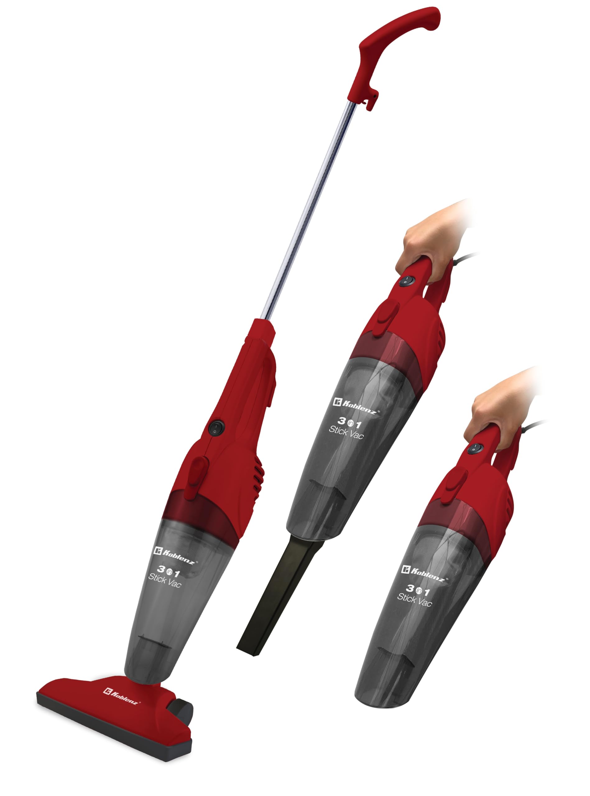 Koblenz Pegasus, Aspiradora Vertical 3-en-1, Stick Vac, Aspiradora de Mano, de Bastón y de Auto, Cable de 5m, Copa de Polvo, Sin Bolsa, Sistema Doble de Filtrado, para Cualquier Piso, Color Rojo