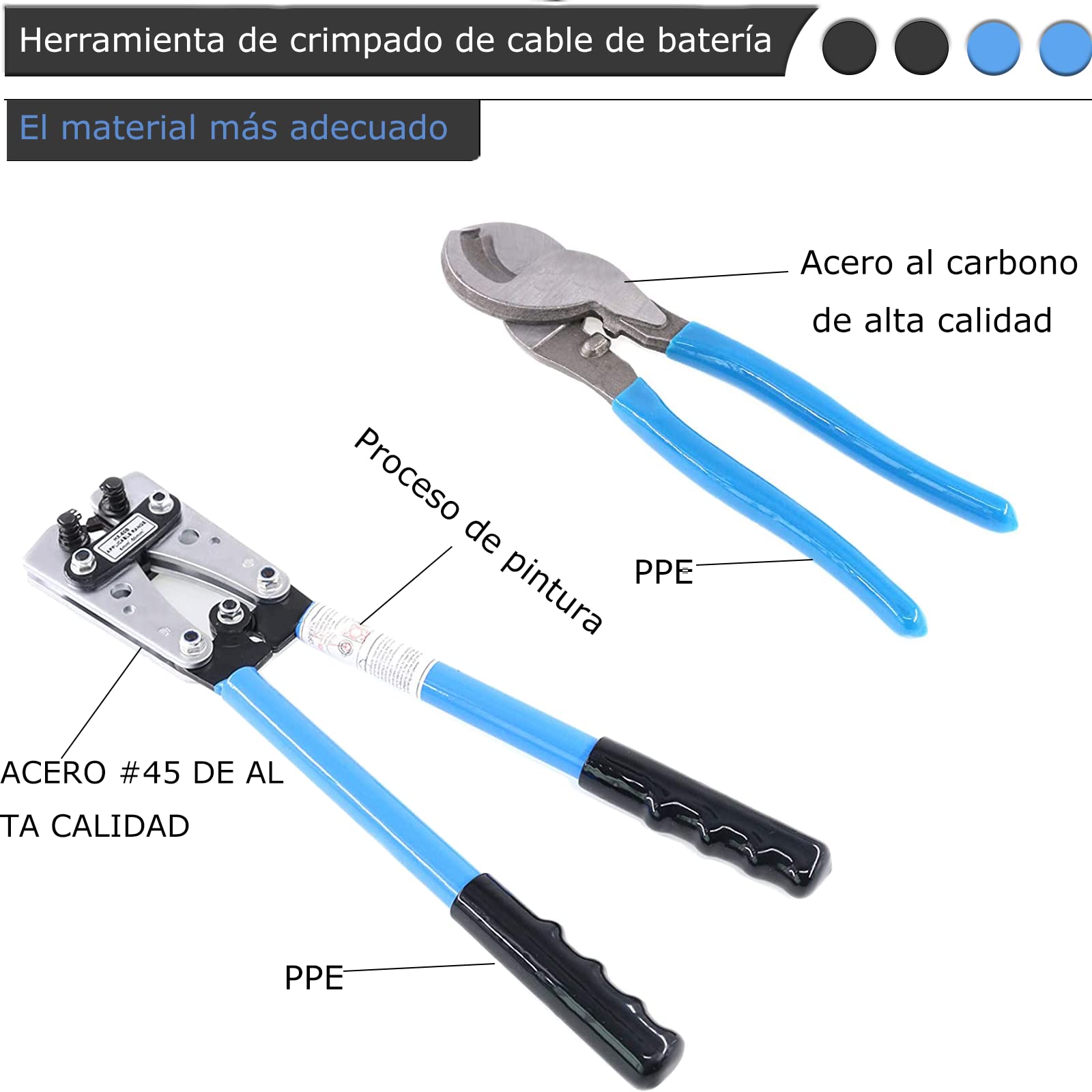 Herramienta de crimpado de cable de bateria, Crimpadora de Cable de Bateria con Cortador de Cables, Herramienta de crimpado para terminales de alambre resistentes de 8, 6, 4, 2, 1, 1/0 AWG