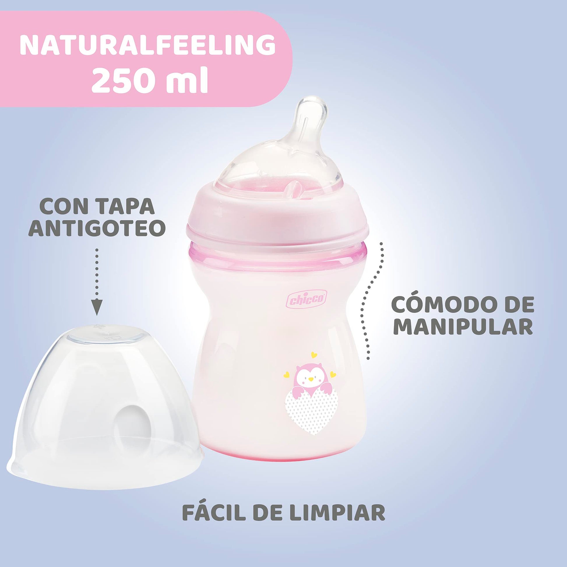 CHICCO, Biberón Natural Feeling, Color Rosa, 250 ml