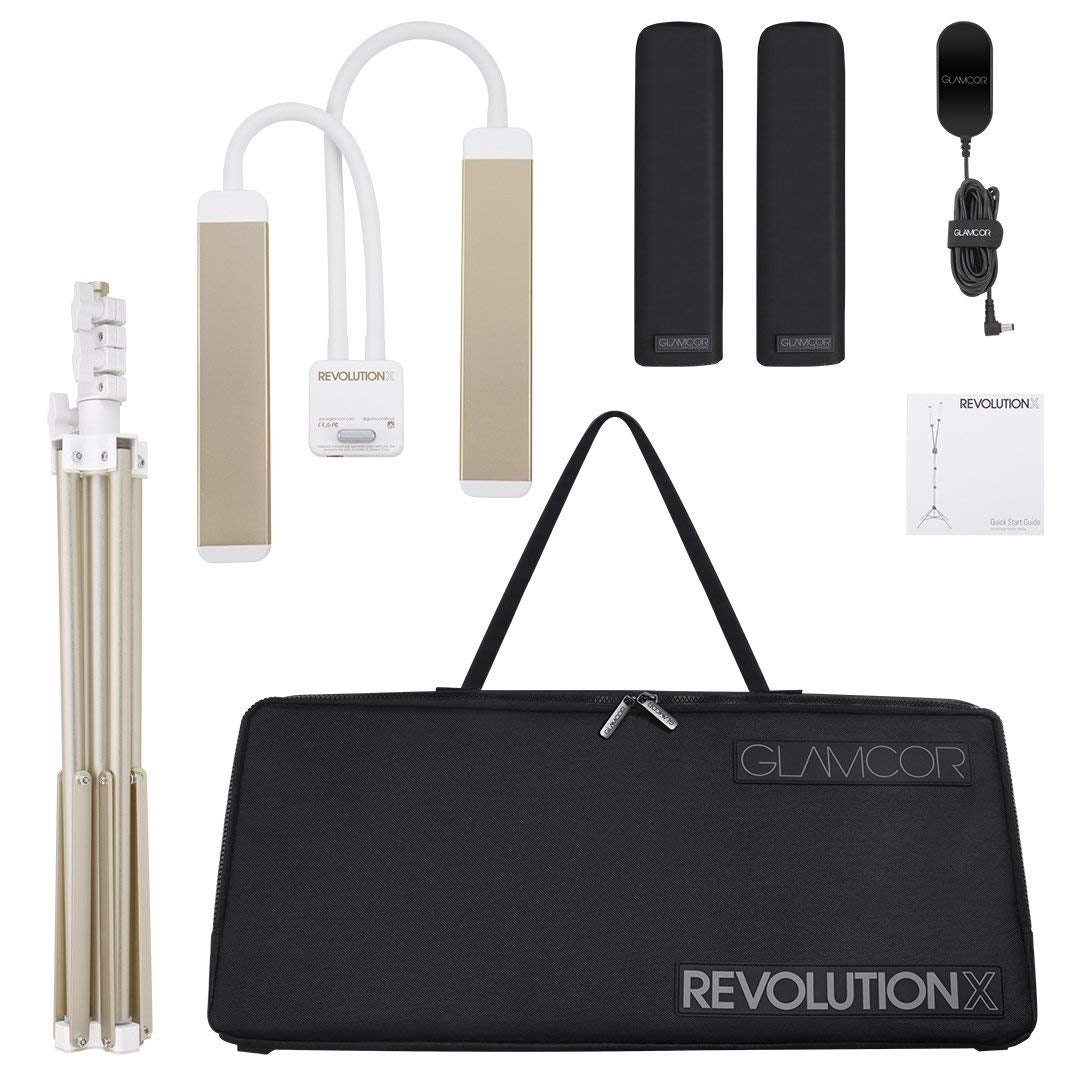 GLAMCOR Revolution X Kit de iluminación LED portátil para belleza y cuidado de la piel | Iluminación HD 5600K | brazos de doble longitud para un posicionamiento preciso (blanco/oro)