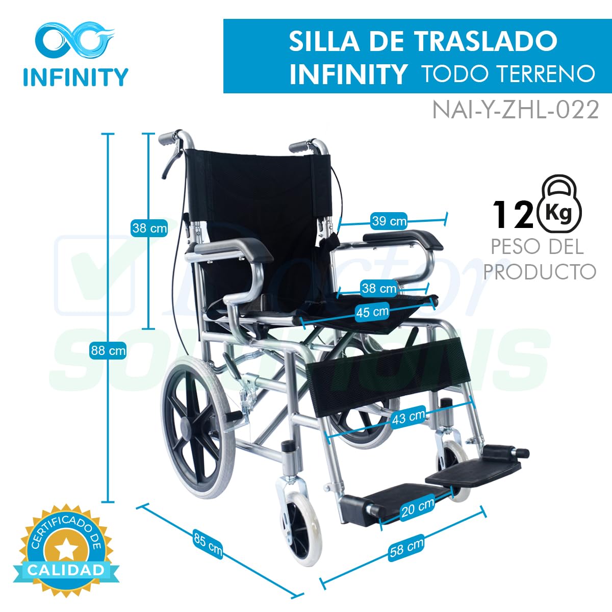 INFINITY | Silla de Ruedas de Traslado Plegable con Freno en Agarradera y Cinturón de Seguridad (AZUL)