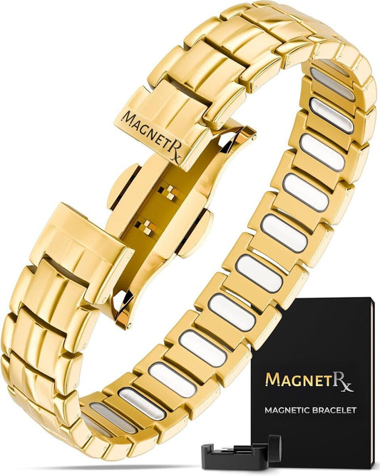 MagnetRX Magnetic Bracelets for Men — EllipseMAX 5X Strength 5,000 Gauss Magnets — Designed in USA & Patent Pending — Premium Titanium Mens Magnetic Bracelet & Adjustable Length (Gold)