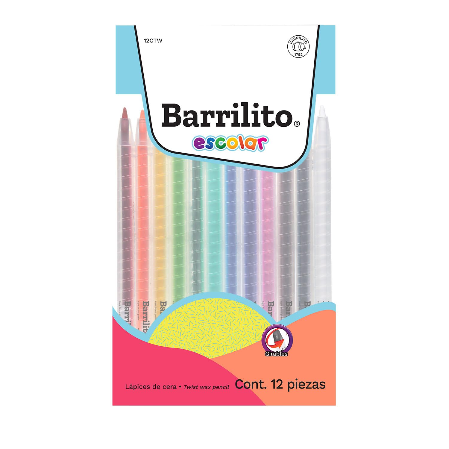 Barrilito Lápices de Cera Girables, 12 Colores. 12CTW