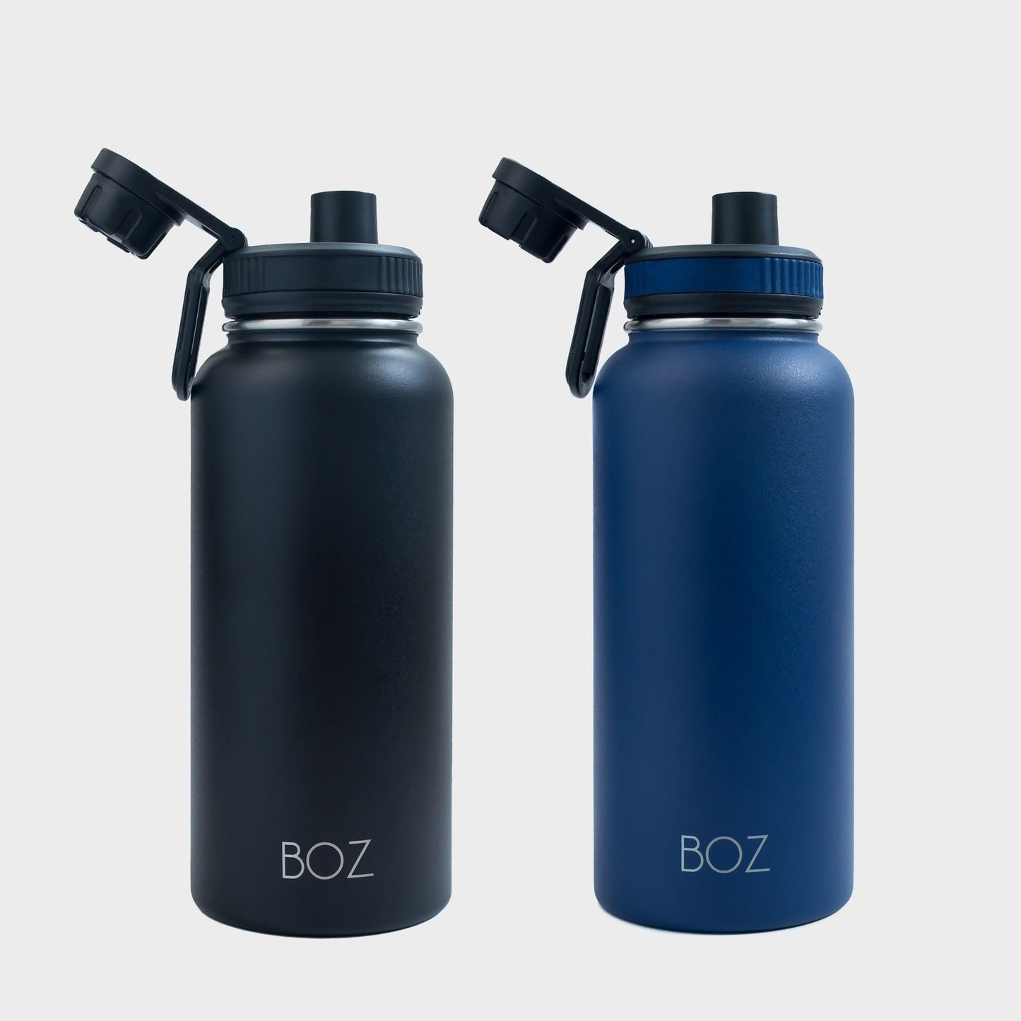 BOZ Botella de agua de acero inoxidable, termo de acero inoxidable 1 litro XL (1 L / 34 oz) boca ancha, sin BPA, aislamiento de doble pared al vacío (Azul/Negro)