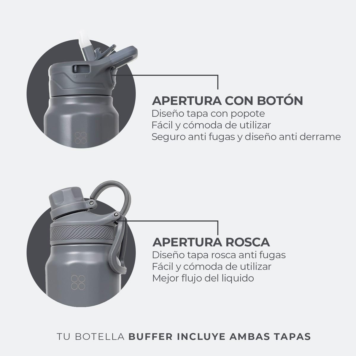 BUFFER FLASK - Termo de Acero Inoxidable | Botella de Agua Aislante, Termos Agua Fría (24 horas) o Caliente (12 horas) | Antigoteo, Hermético | Incluye tapas | 700 ml - 24 Oz| Color Cool Grey