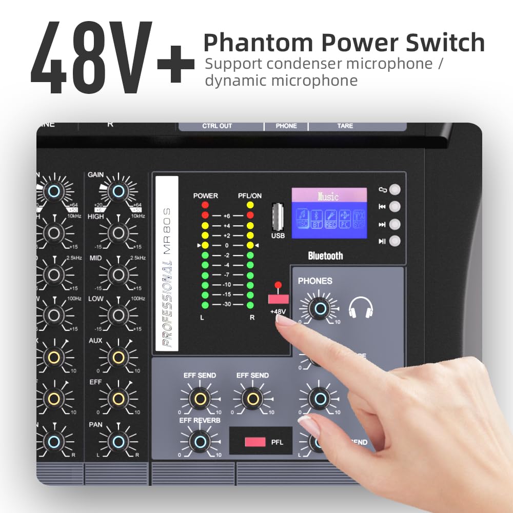 G-MARK MR80S Mezcladora de Audio Profesional 8 Canales, Consola de Audio Mixer con Interfaz USB Bluetooth, Mezcladora Digital de Estudio con Phantom Power de 48V para PC Estéreo Grabación Karoake