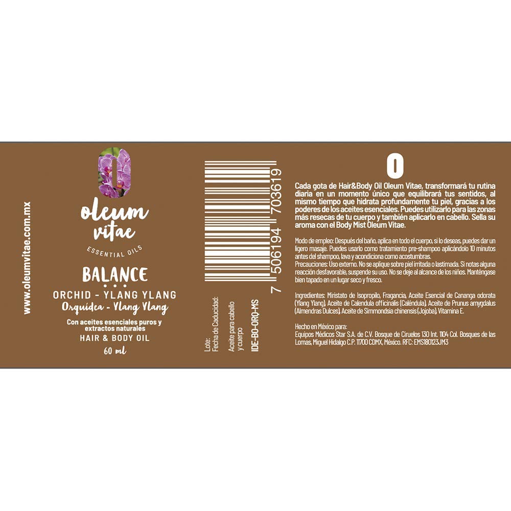 OLEUM VITAE Hair & Body Oil. Aceite Hidratante para Cabello y Cuerpo Orquídea-Ylang Ylang. Con Aceite Esencial de Ylang Ylang. 60ml