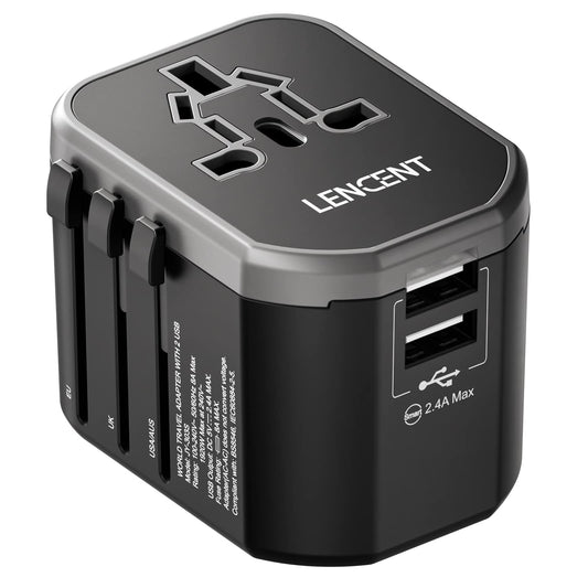 LENCENT Adaptador Enchufe de Viaje Universal, Cargador Internacional de 2 Puertos USB, Enchufe Tipo A/C/G/I para Más de 200 Países (EE. UU./Reino Unido/UE/Australia/Argentina/China), Negro