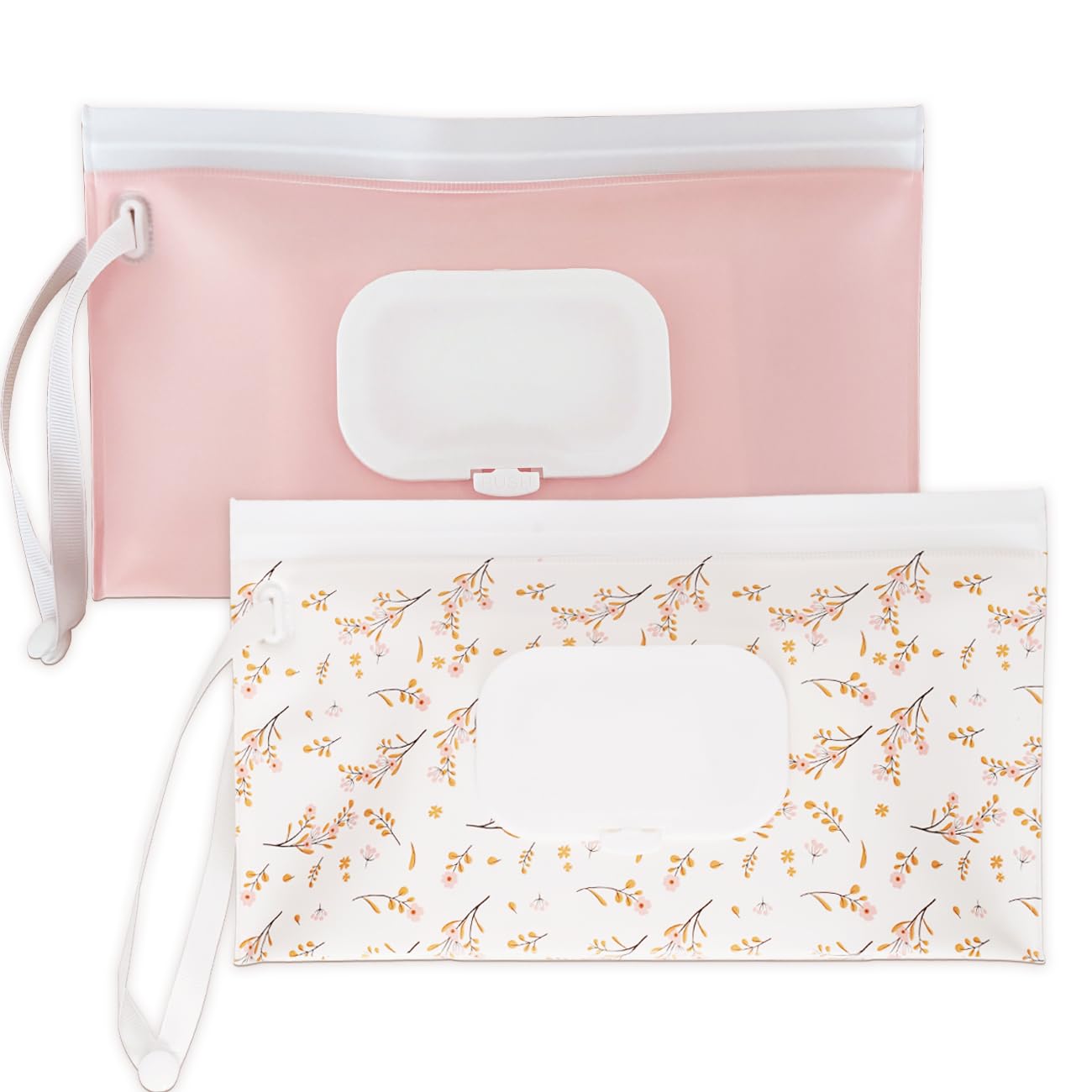eoscasely - Dispensador de toallitas y contenedores, paquete de 2 soportes reutilizables para toallitas y fundas de viaje, bolsa recargable para artículos esenciales para bebés, diseño rosa y hoja