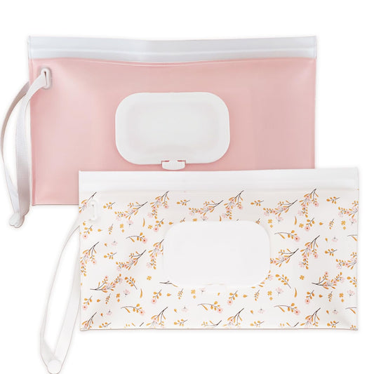 eoscasely - Dispensador de toallitas y contenedores, paquete de 2 soportes reutilizables para toallitas y fundas de viaje, bolsa recargable para artículos esenciales para bebés, diseño rosa y hoja
