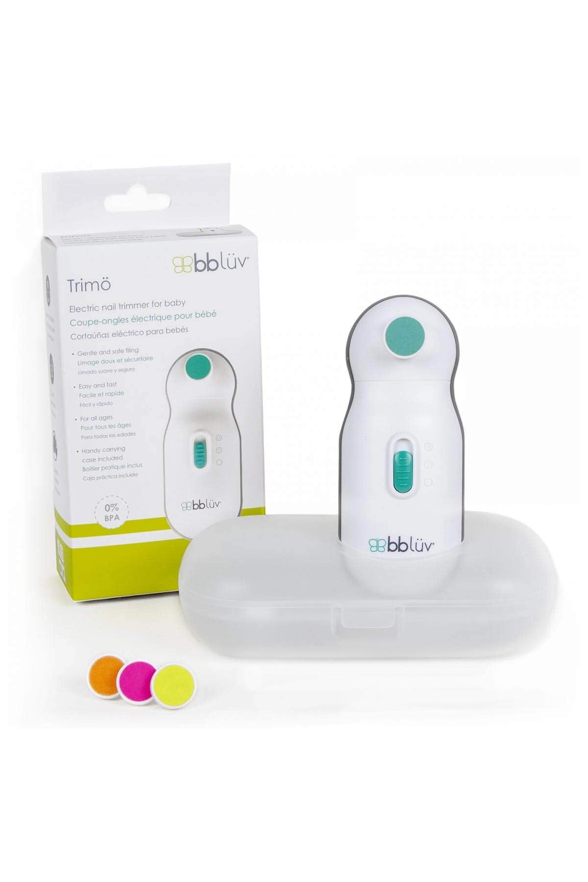 bblüv Trimö Cortauñas eléctrico para recién nacido bebé (0 a 12 meses+) con interruptor de 2 velocidades, suave y silencioso cortaúñas y uñas de los pies, estuche de transporte incluido