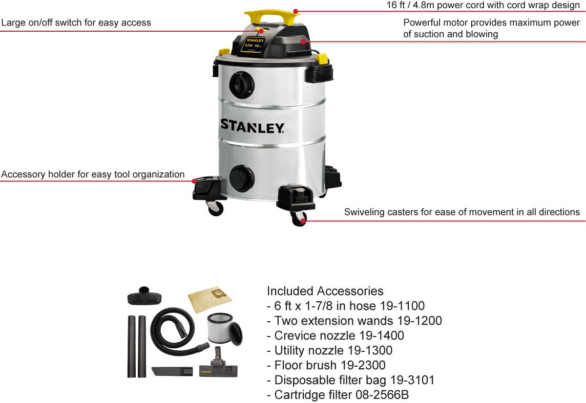 Aspiradora STANLEY Acero Inoxidable 10 Galones 4 HP en Seco y Húmedo