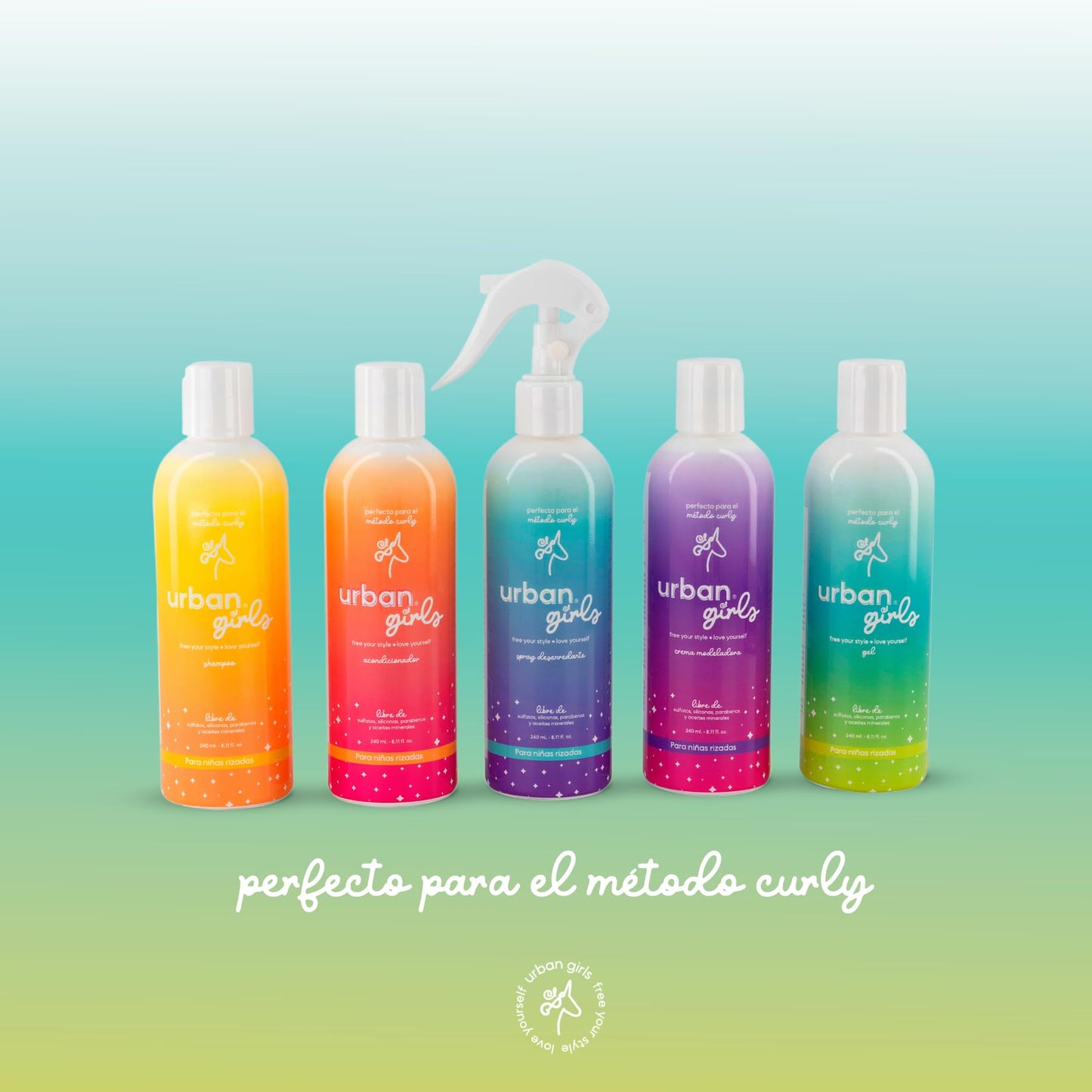 URBAN GIRLS Gel para Cabello Rizado de Niñas 240 ml – Con Aceite de Coco e Ingredientes Naturales – Sin Sulfatos, Parabenos ni Siliconas – Define Rizos Suaves, Controla el Frizz y Cuida el Cabello Infantil