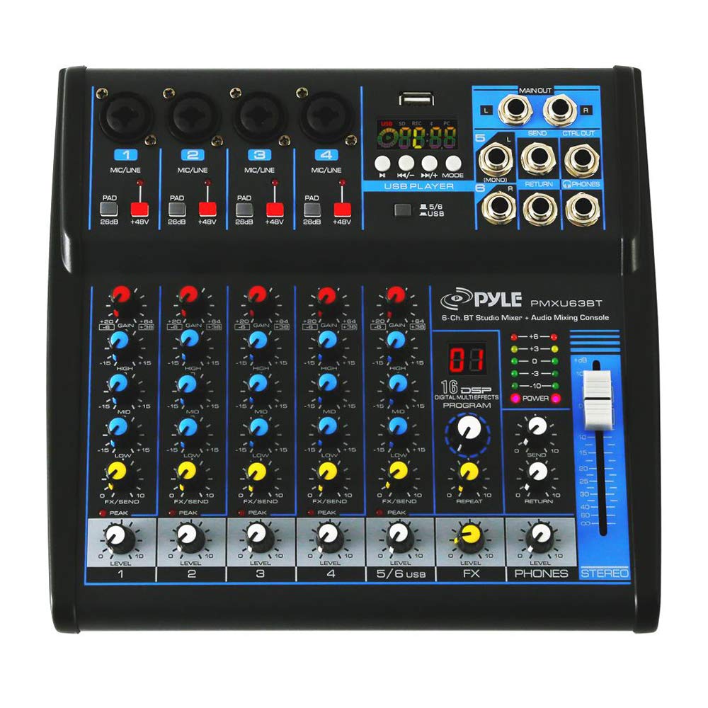 Consola Mixer de Audio Profesional Pyle Bluetooth USB 6 Canales con Potencia Fantasma y DSP 16 Bit