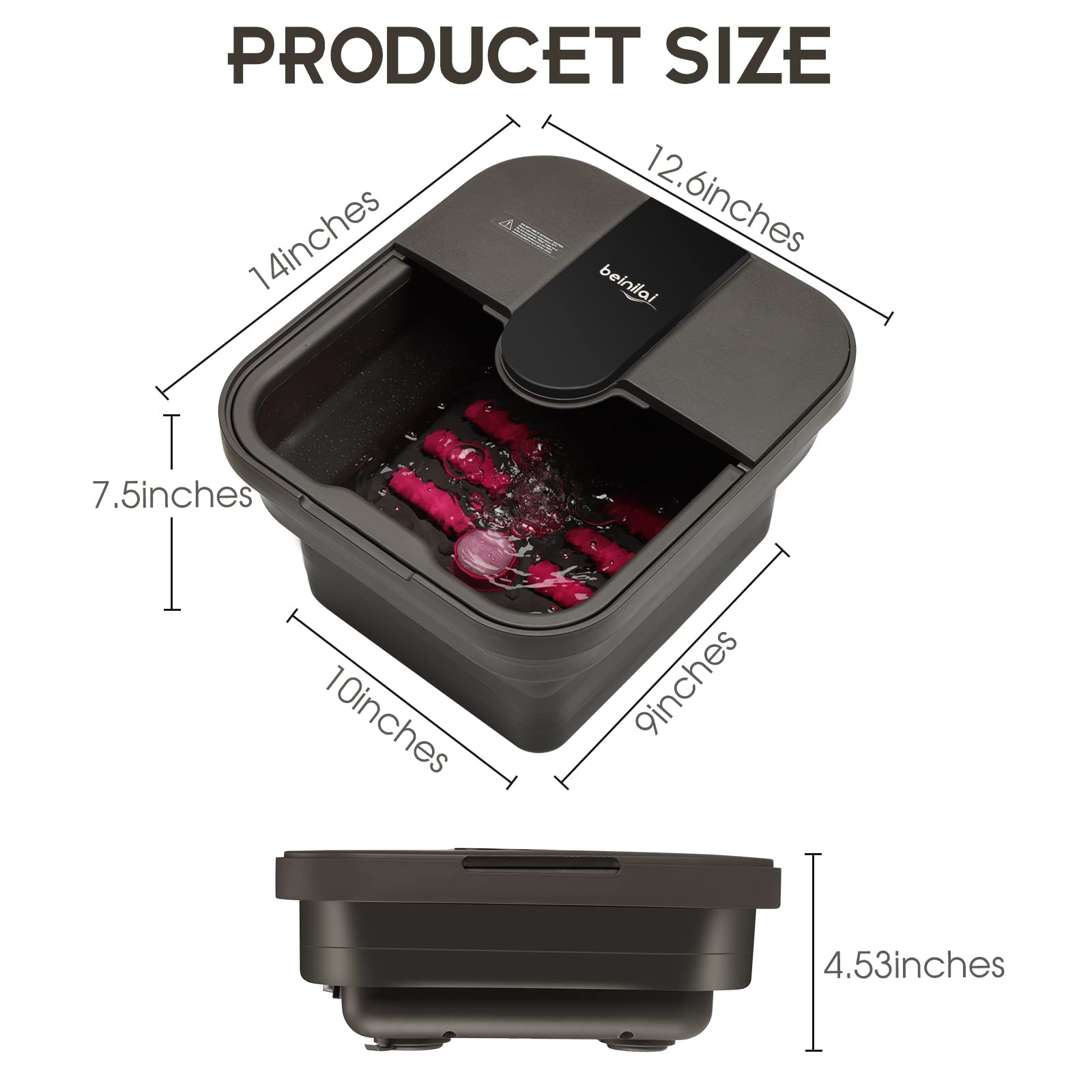 Beinilai Spa de pies plegable Pedicura Spa de pies con masaje de calor y chorros de burbujas Baño de pies con rodillos de 6 pies Puntos de masaje de acupresión Luz roja Piedra pómez extraíble (gris oscuro)