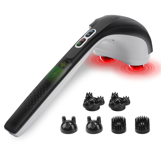 Snailax Masajeador de espalda inalámbrico de mano con calor, masajeador de percusión de tejido profundo, 3 juegos de cabezales giratorios duales, masajeador de mano recargable para cuello, hombros, pantorrilla, piernas