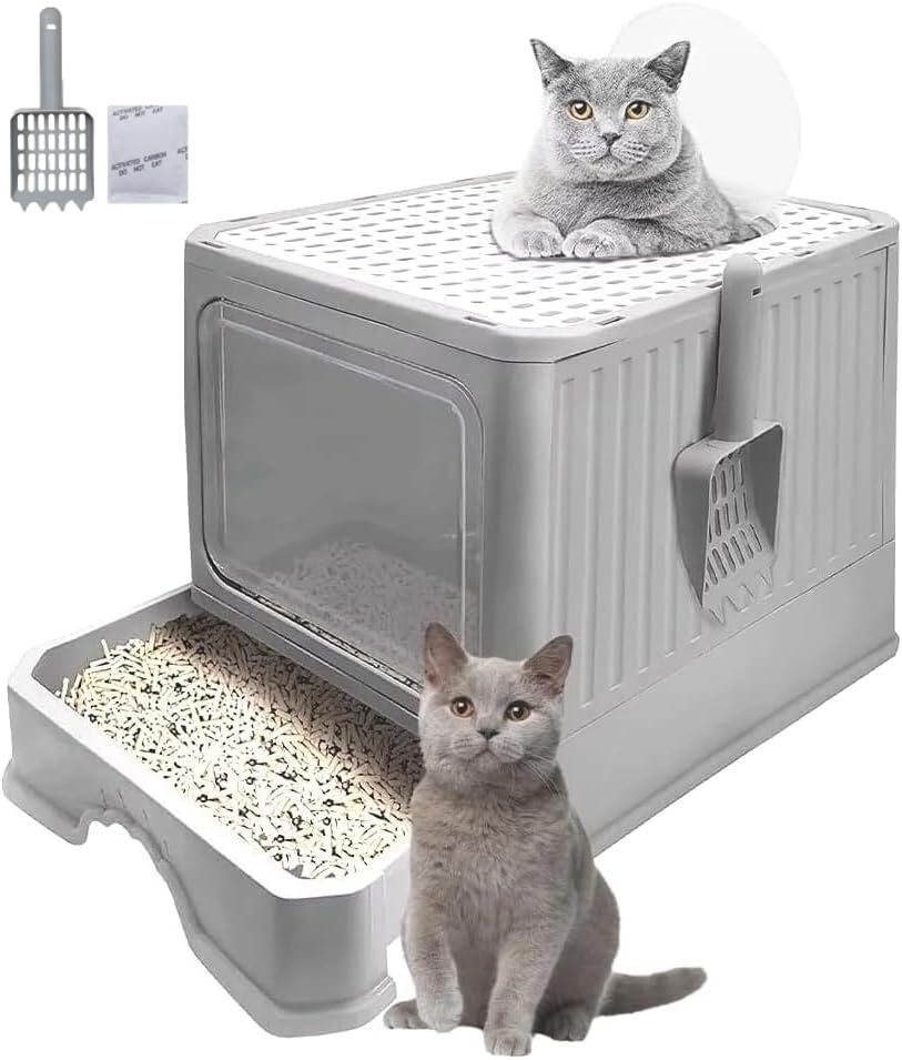 Arenero para Gato Cerrada: Removibles Plegable Arenero 50*40*40cm,Gran Caja de Arena para Gatos,Antiolor Prueba de Salpicaduras,Facil de Limpiar,con Puertas y Entradas Cubiertas Incluye Pala (Gris)
